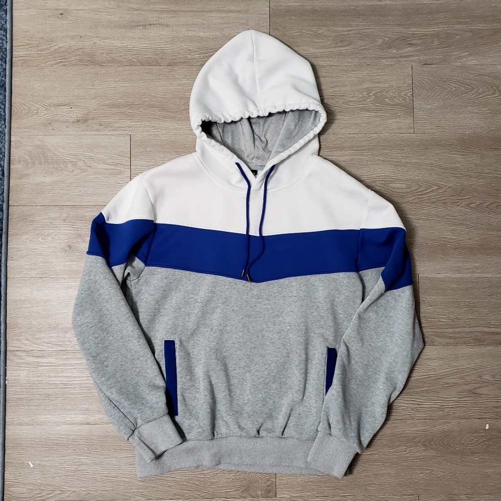 Men's colorblock grey white blue pullover hoodie sweater w/ pockets sz Medium